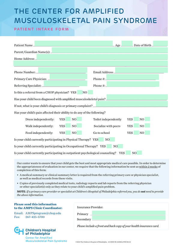 Patient Intake Form For Amplified Musculoskeletal Pain Syndrome screenshot