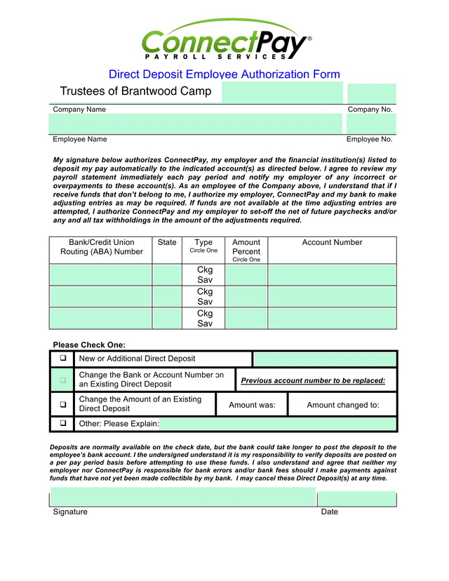 Direct Deposit Employee Authorization Form screenshot