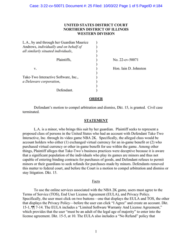 United States District Court Order   L.A. V. Take Two Interactive Software, Inc. screenshot