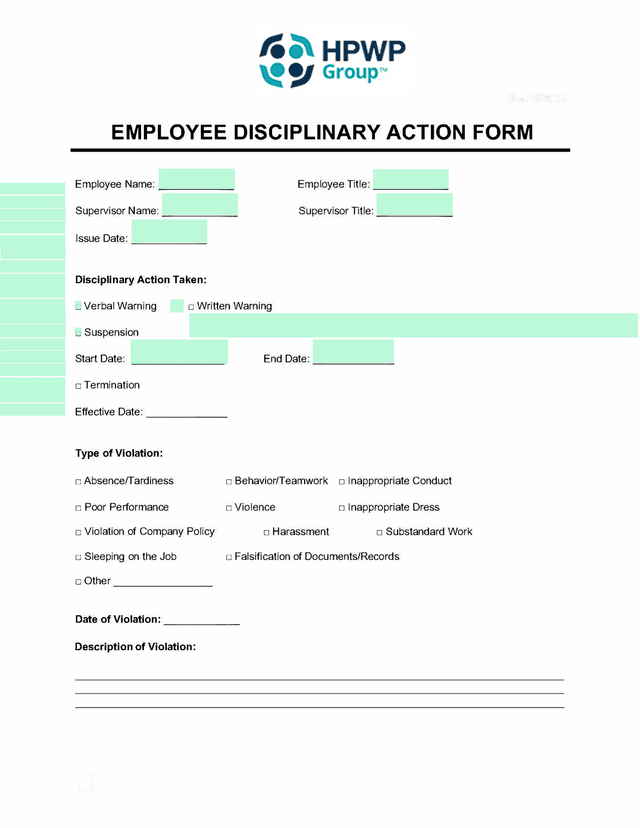 Employee Disciplinary Action Form screenshot