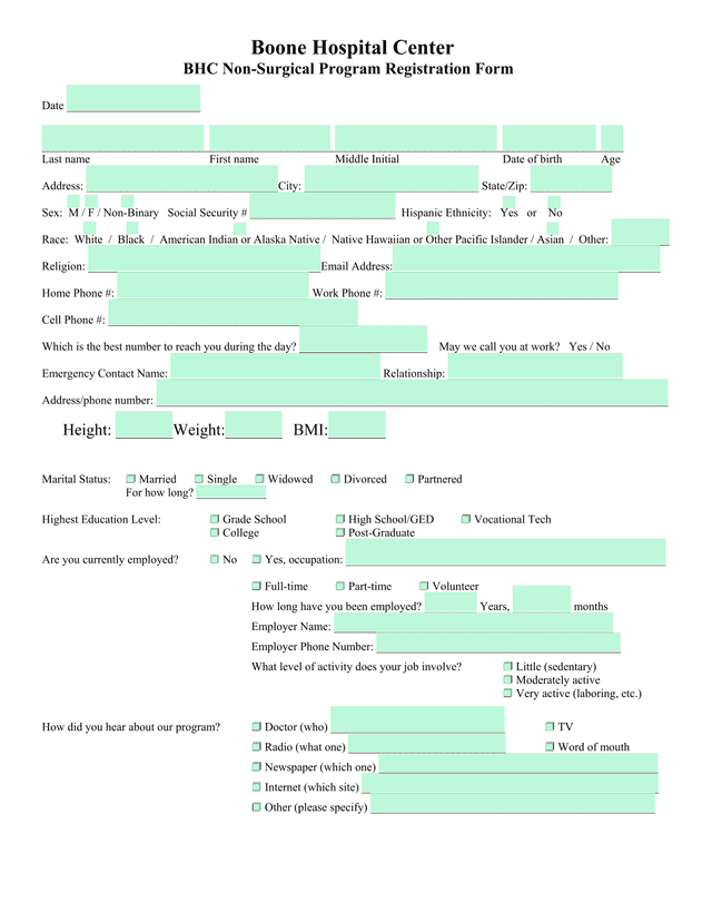 BHC Non Surgical Program Registration Form screenshot