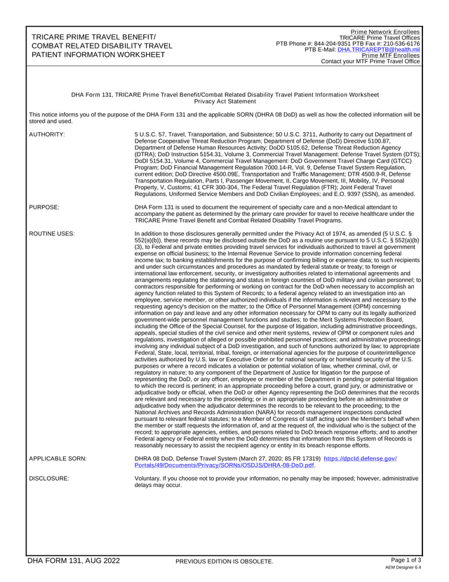 DHA Form 131, TRICARE Prime Travel BenefitCombat Related Disability Travel Patient Information Works screenshot