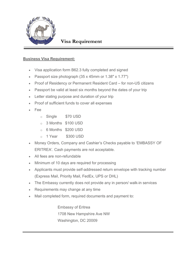 Visa Requirement Guidelines For Eritrean Embassy screenshot