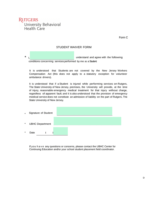 Form C Student Waiver Form screenshot