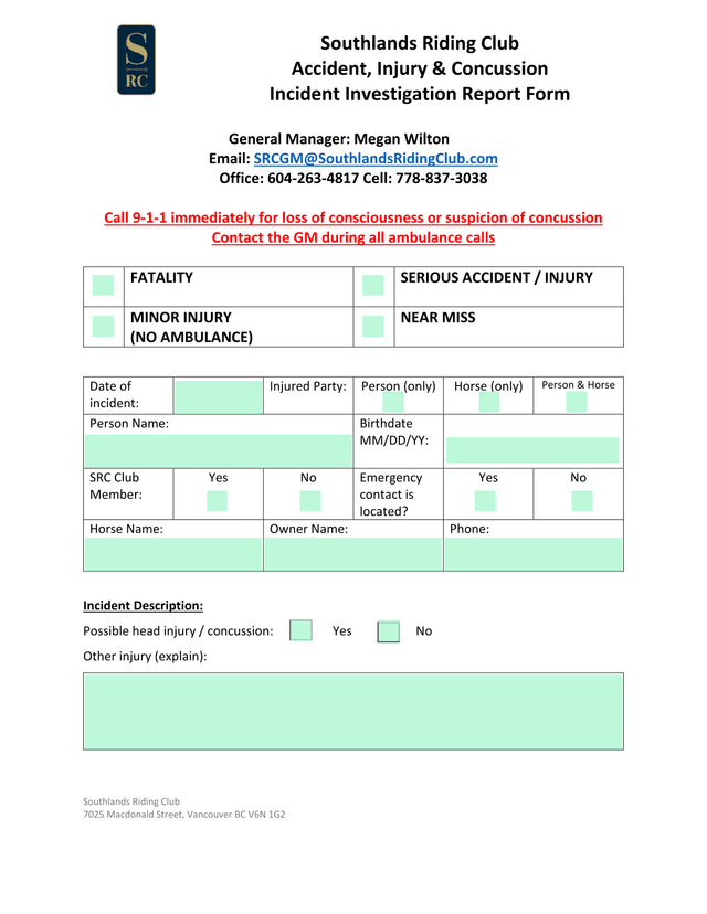 Accident, Injury  Concussion Incident Investigation Report Form screenshot