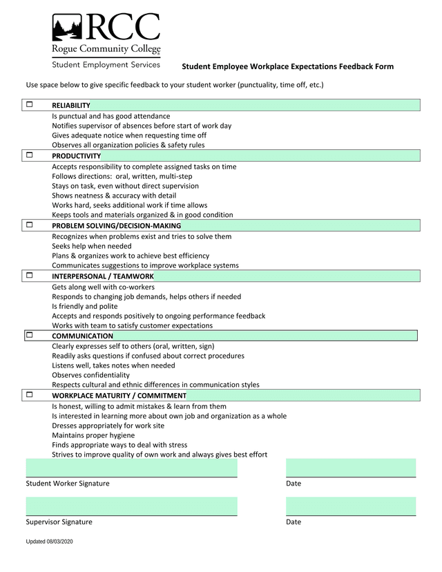 Student Employee Workplace Expectations Feedback Form screenshot