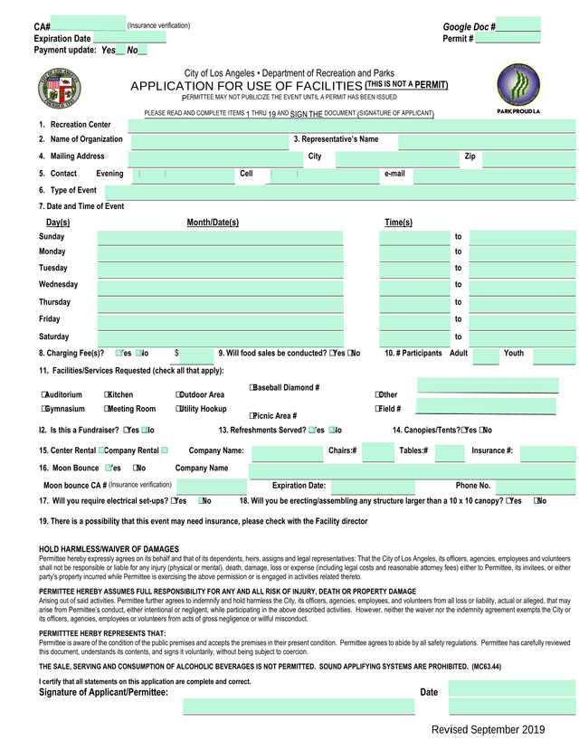 City Of Los Angeles  Department Of Recreation And Parks Application For Use Of Facilities screenshot