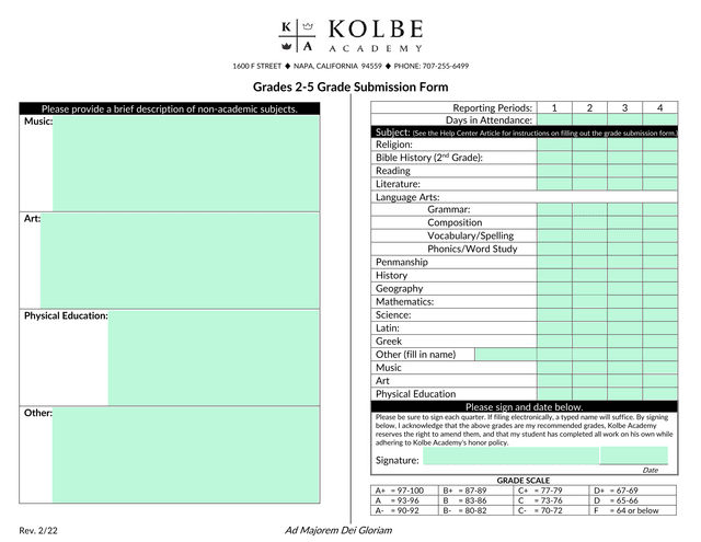 Grades 2 5 Grade Submission Form screenshot