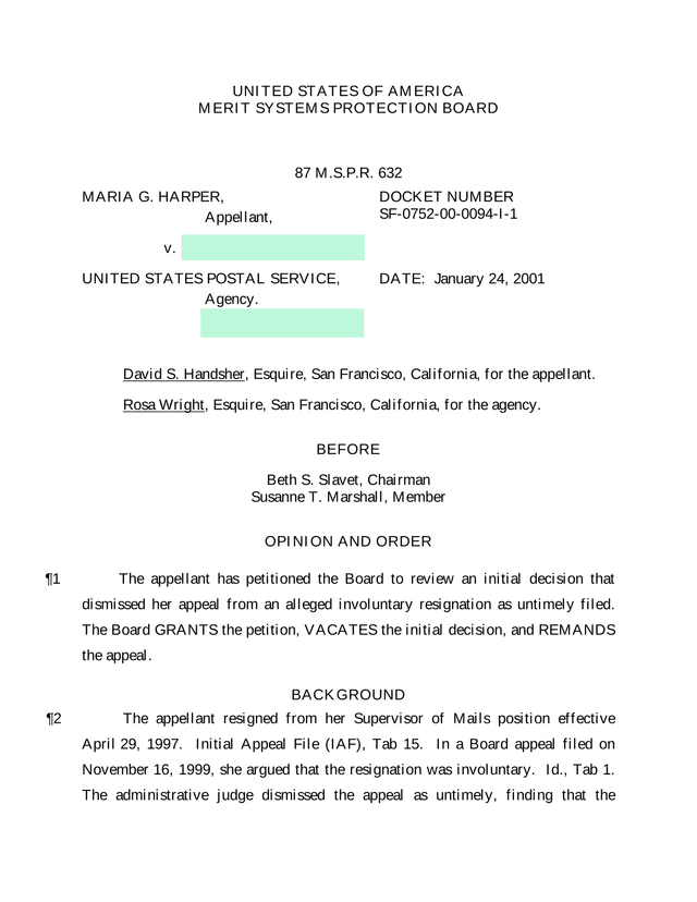 Merit Systems Protection Board Opinion   Harper V. United States Postal Service screenshot