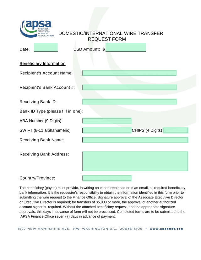 DomesticInternational Wire Transfer Request Form screenshot