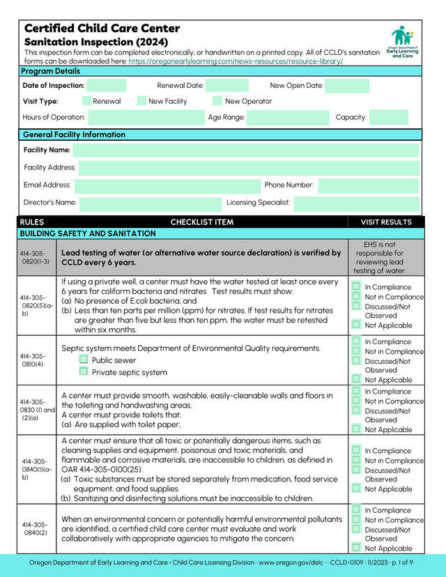 Certified Child Care Center Sanitation Inspection (2024) screenshot