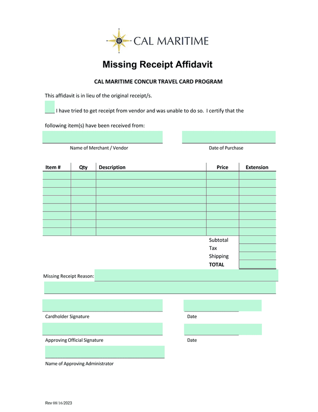 Missing Receipt Affidavit screenshot