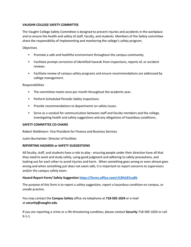 Vaughn College Safety Committee Document screenshot