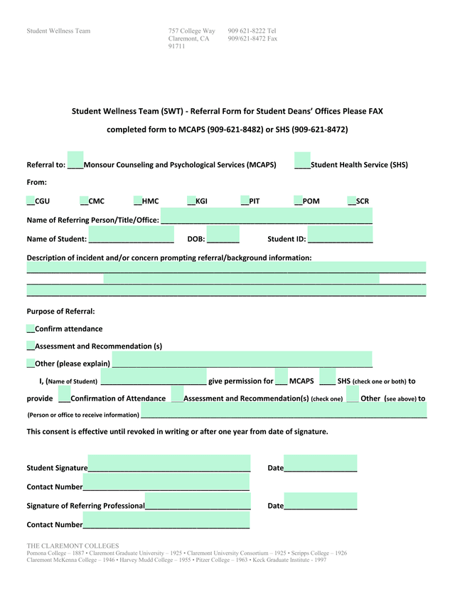 Student Wellness Team (SWT)   Referral Form For Student Deans Offices screenshot