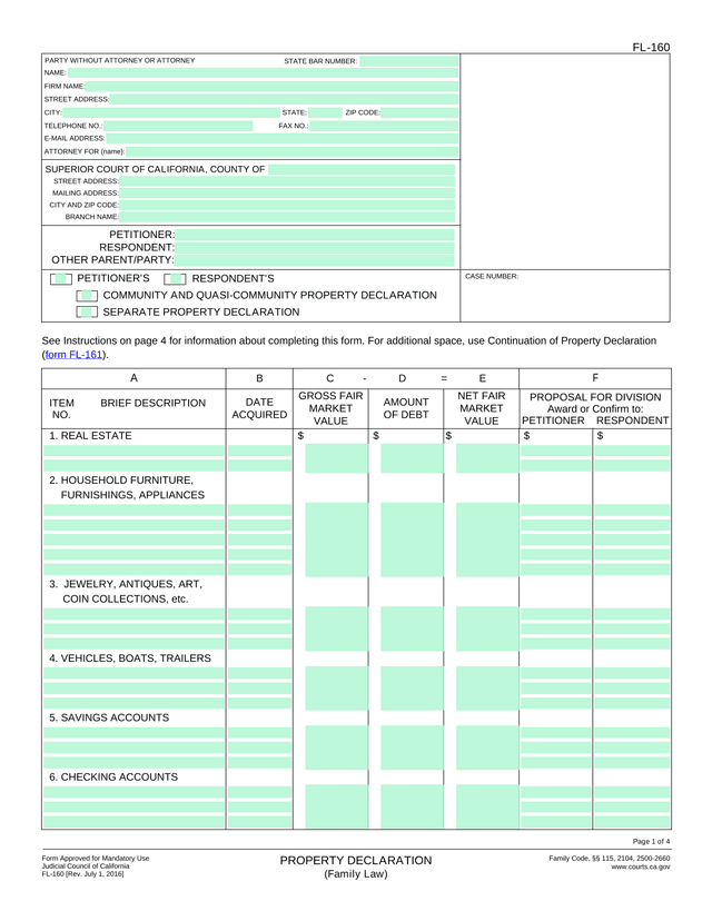 FL 160 Property Declaration screenshot