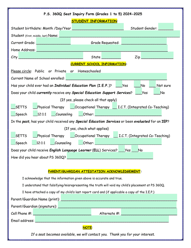 P.S. 360Q Seat Inquiry Form (Grades 1 To 5) 2024 2025 screenshot
