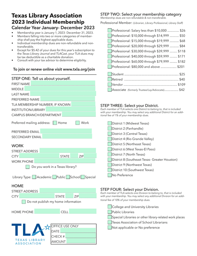 Texas Library Association 2023 Individual Membership screenshot