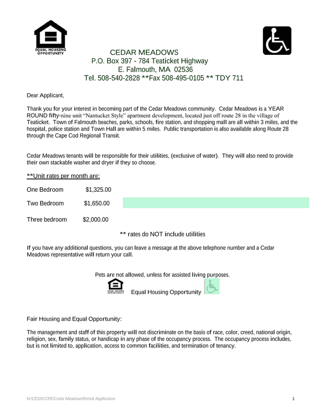 Cedar Meadows Rental Application screenshot