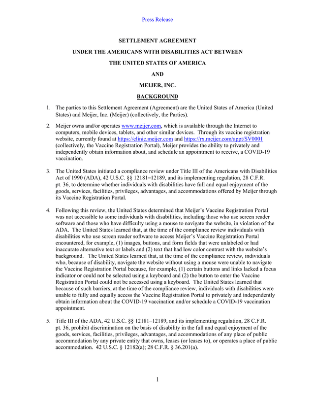 Settlement Agreement Meijer, Inc. And United States Of America screenshot