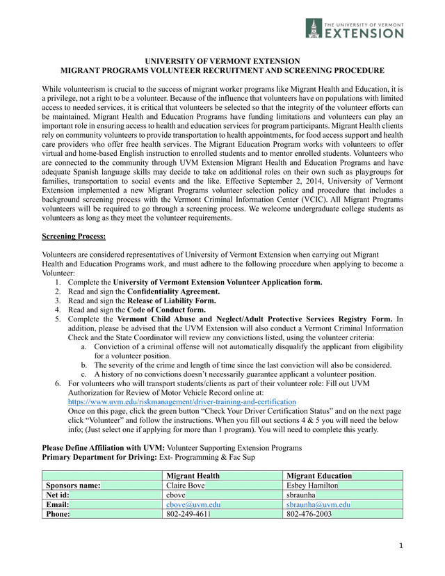 UNIVERSITY OF VERMONT EXTENSION MIGRANT PROGRAMS VOLUNTEER RECRUITMENT AND SCREENING PROCEDURE screenshot