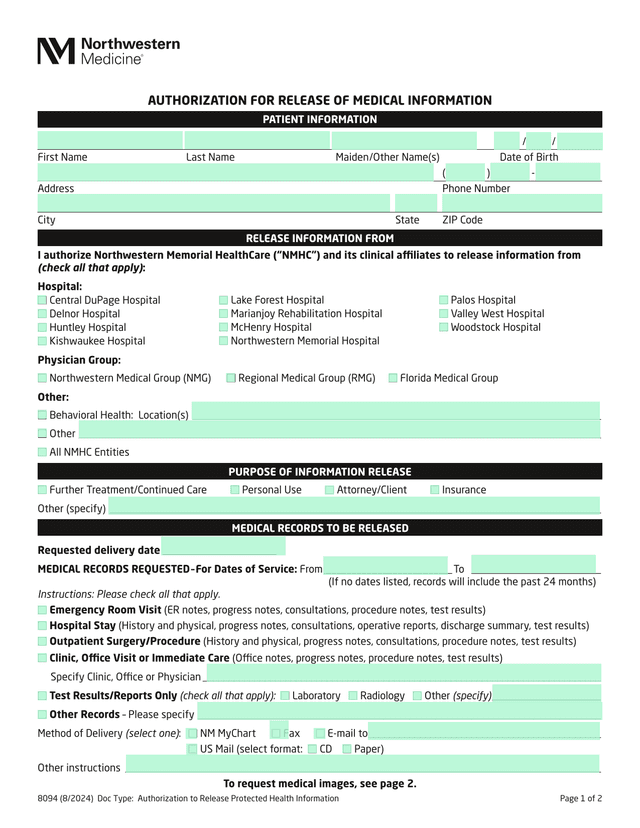 Authorization To Release Protected Health Information (8094) screenshot