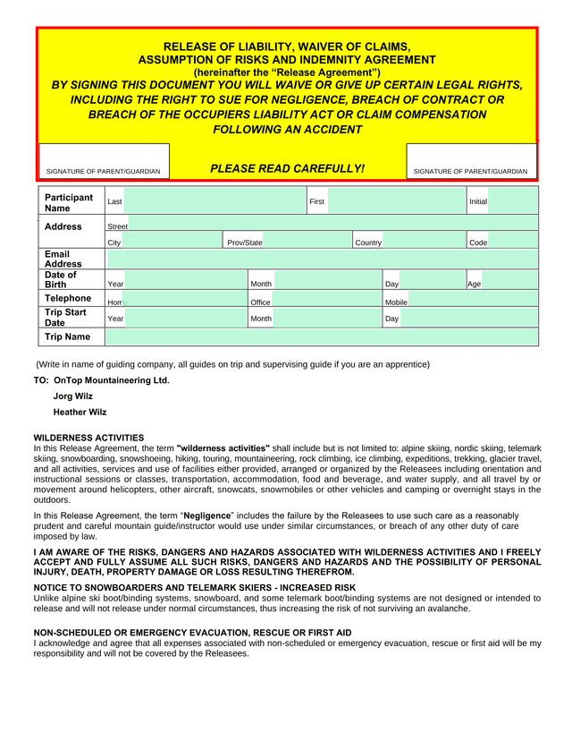 Wilderness Activities Release Agreement screenshot