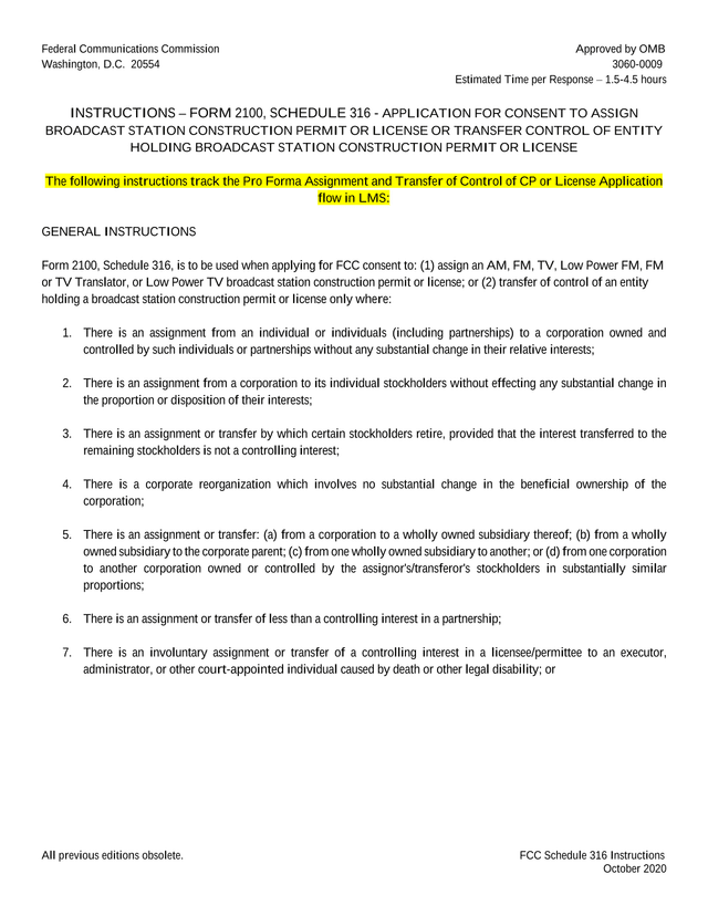 FCC Schedule 316 Instructions screenshot