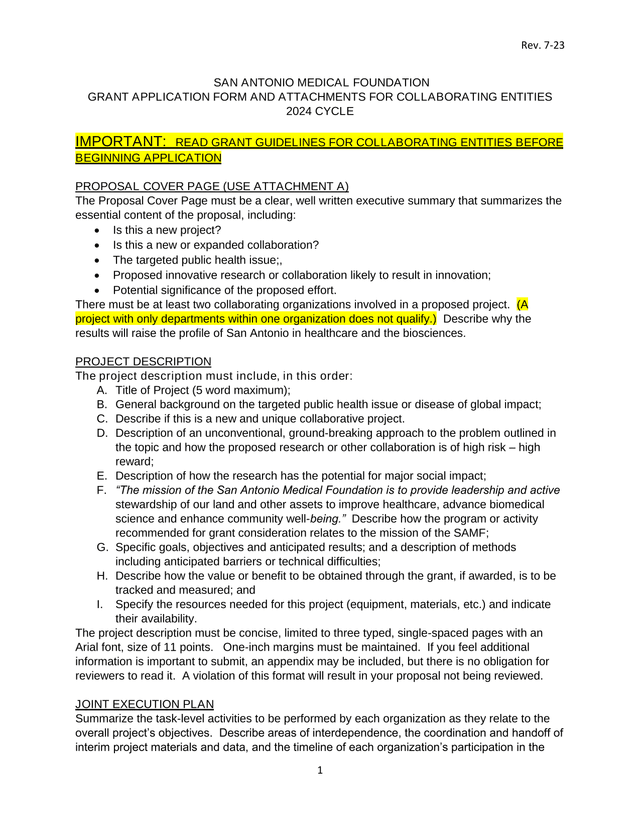 San Antonio Medical Foundation Grant Application Form And Attachments For Collaborating Entities screenshot