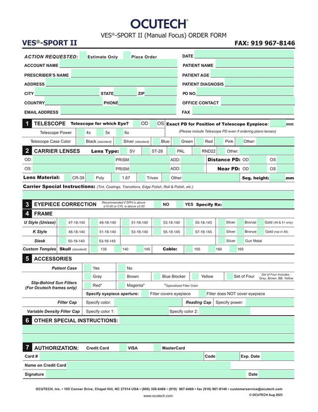 VES SPORT II (Manual Focus) ORDER FORM screenshot