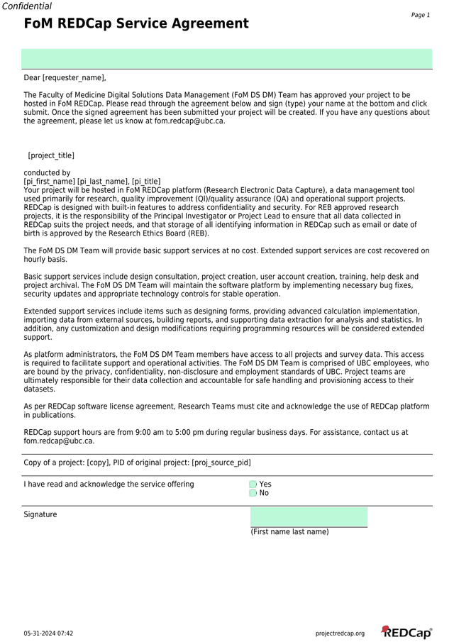 FoM REDCap Service Agreement screenshot
