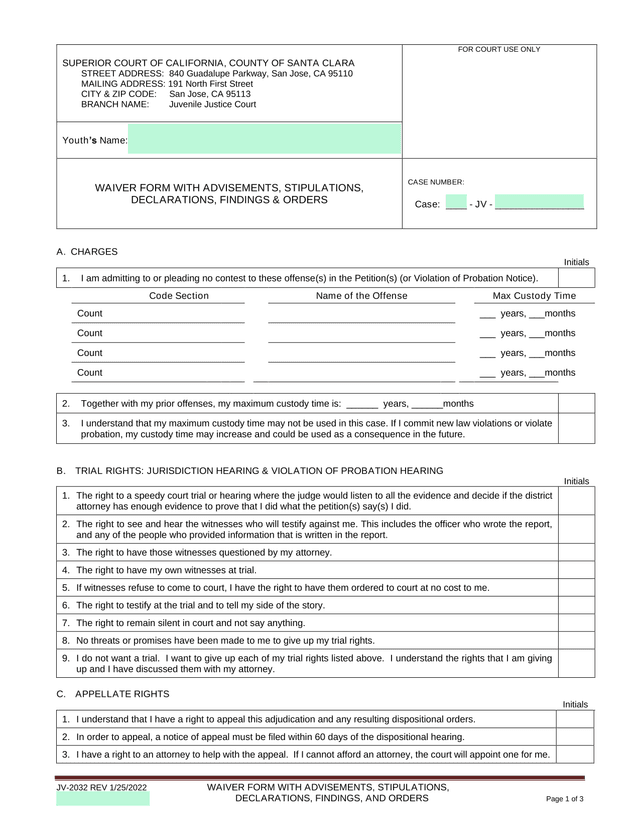 JV 2032 Waiver Form With Advisements, Stipulations, Declarations, Findings, And Orders screenshot
