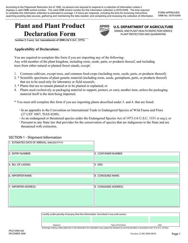 Plant And Plant Product Declaration Form screenshot