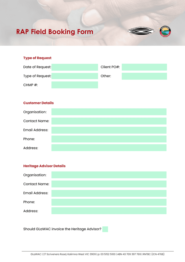 RAP Field Booking Form screenshot