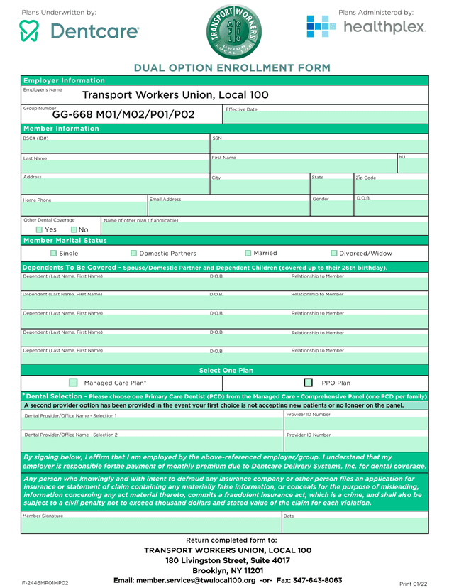 Dual Option Enrollment Form screenshot