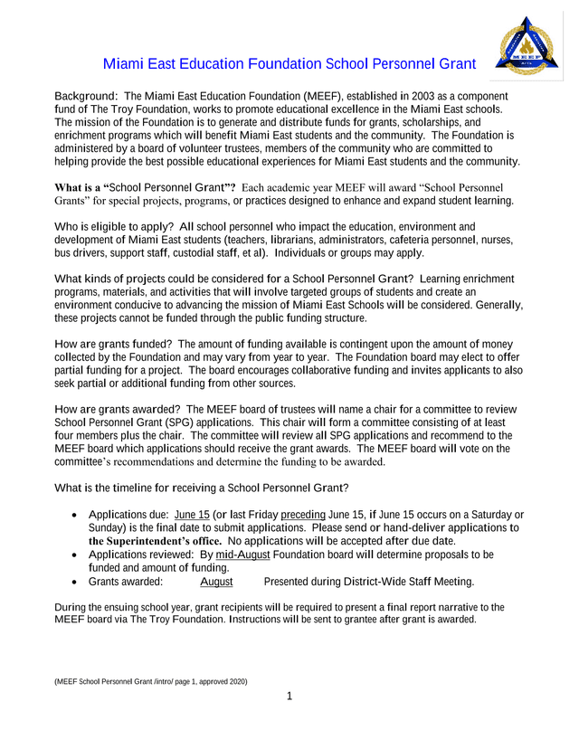 Miami East Education Foundation School Personnel Grant screenshot