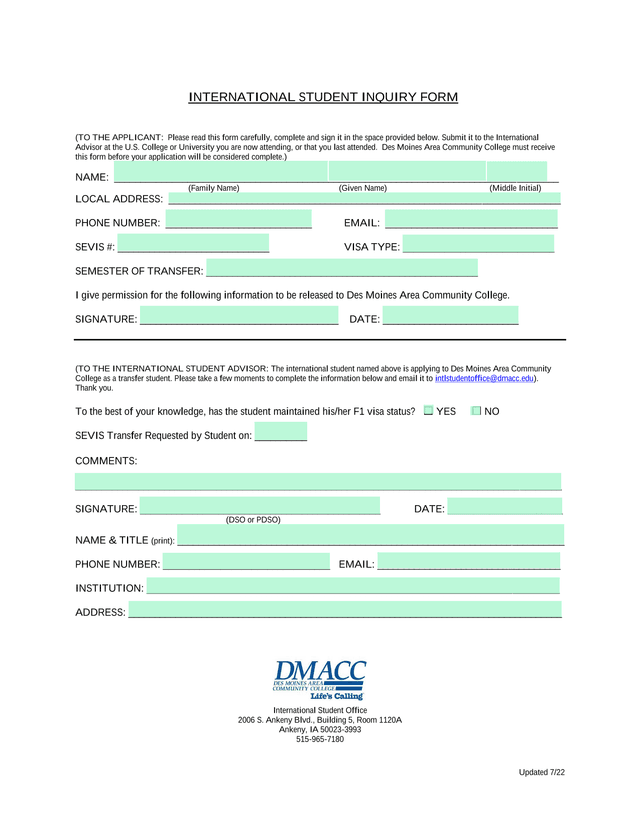 International Student Inquiry Form screenshot