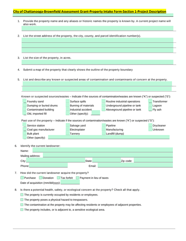 City Of Chattanooga Brownfield Assessment Grant Property Intake Form screenshot