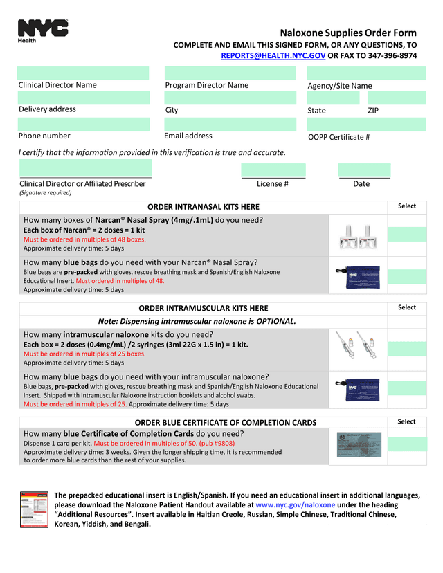 Naloxone Supplies Order Form screenshot