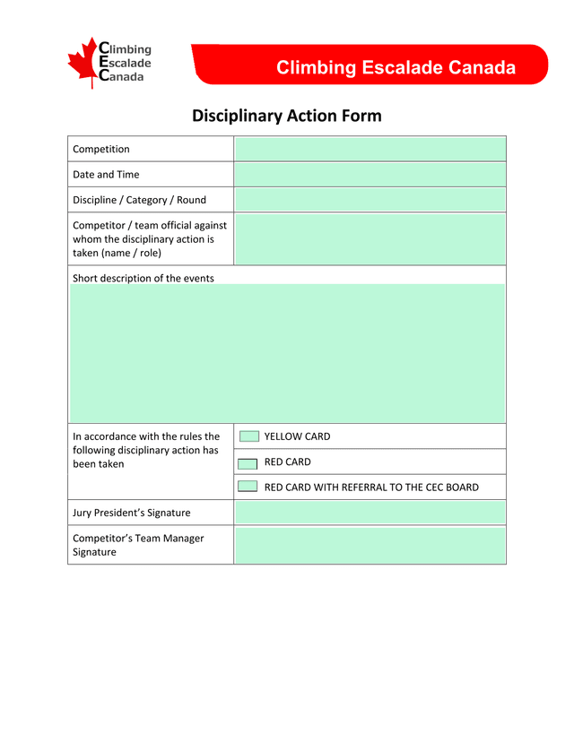 Climbing Escalade Canada Disciplinary Action Form screenshot