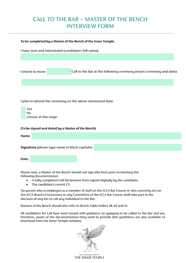 CALL TO THE BAR  MASTER OF THE BENCH INTERVIEW FORM screenshot