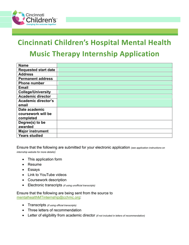 Cincinnati ChildrenS Hospital Mental Health Music Therapy Internship Application screenshot
