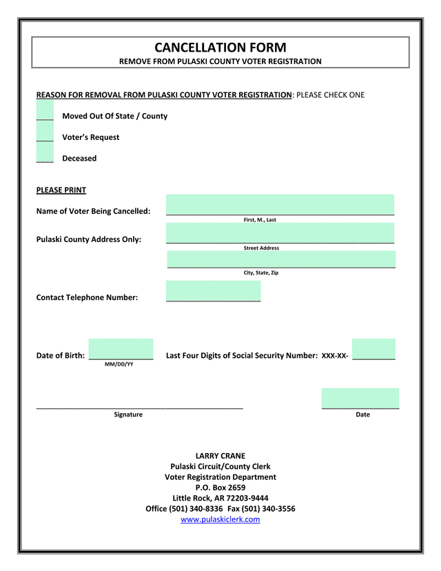 Cancellation Form   Remove From Pulaski County Voter Registration screenshot
