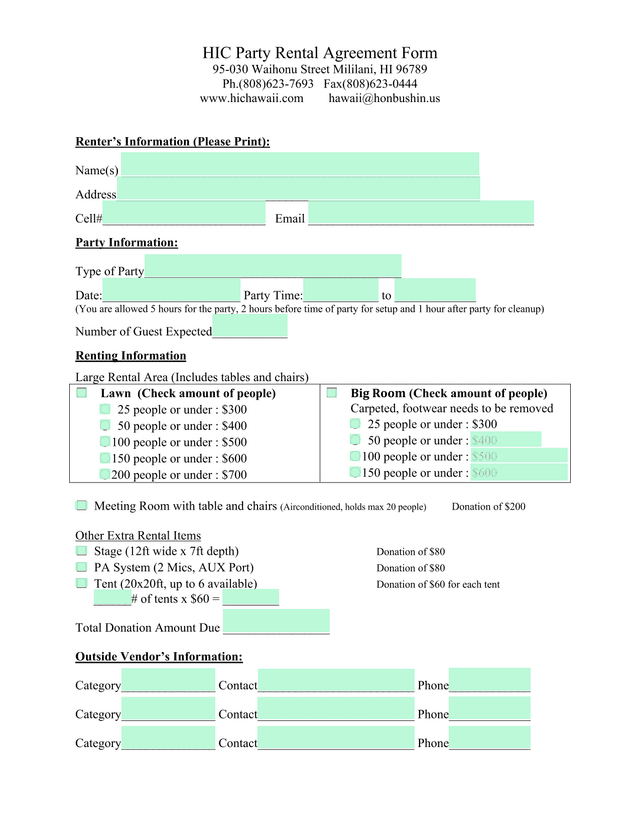 HIC Party Rental Agreement Form screenshot