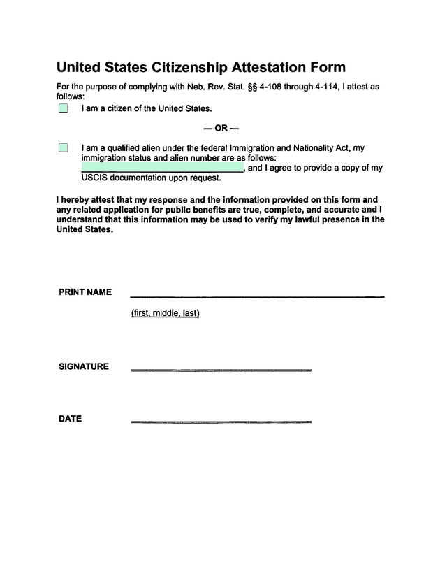 United States Citizenship Attestation Form screenshot