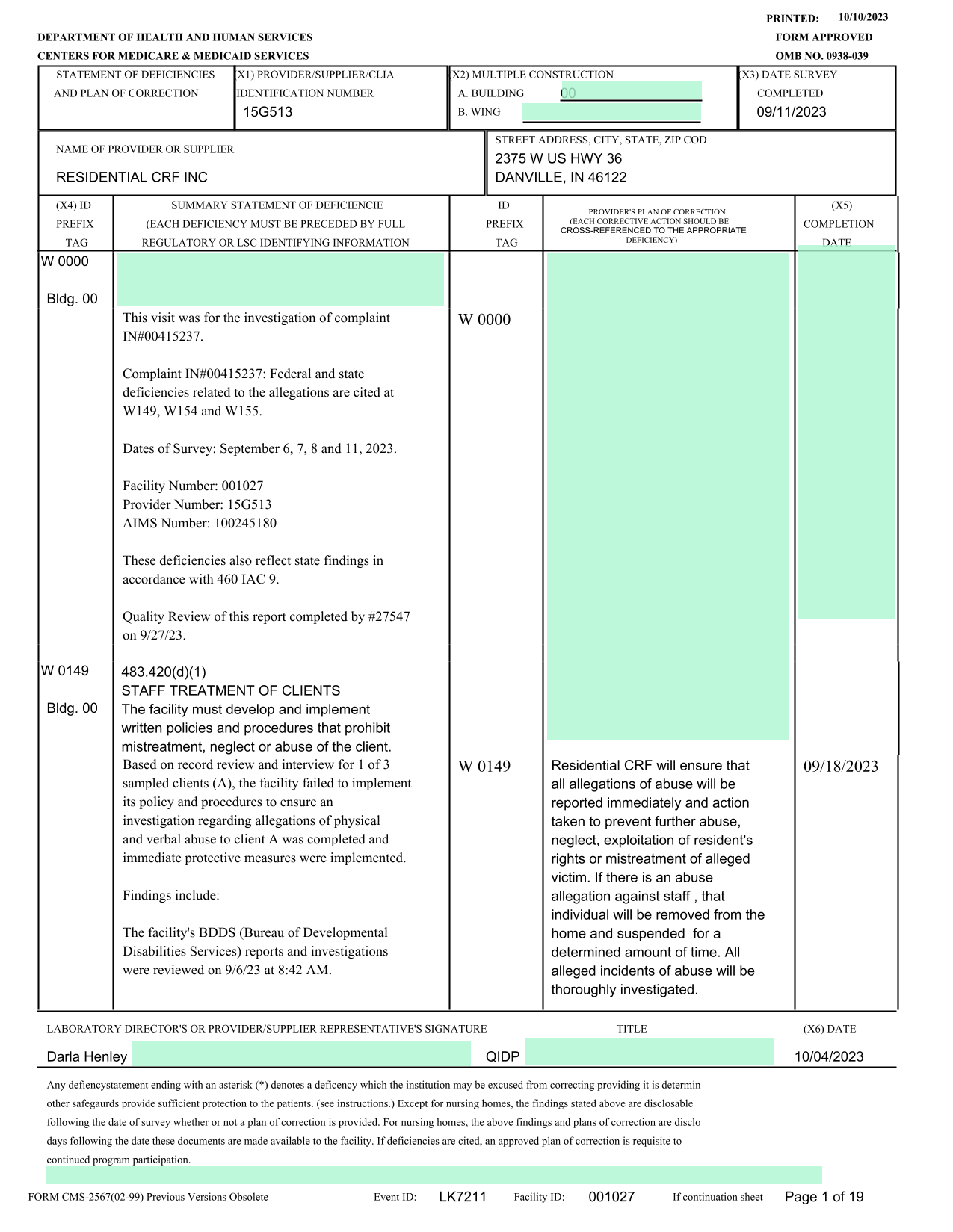 Statement Of Deficiencies And Plan Of Correction screenshot