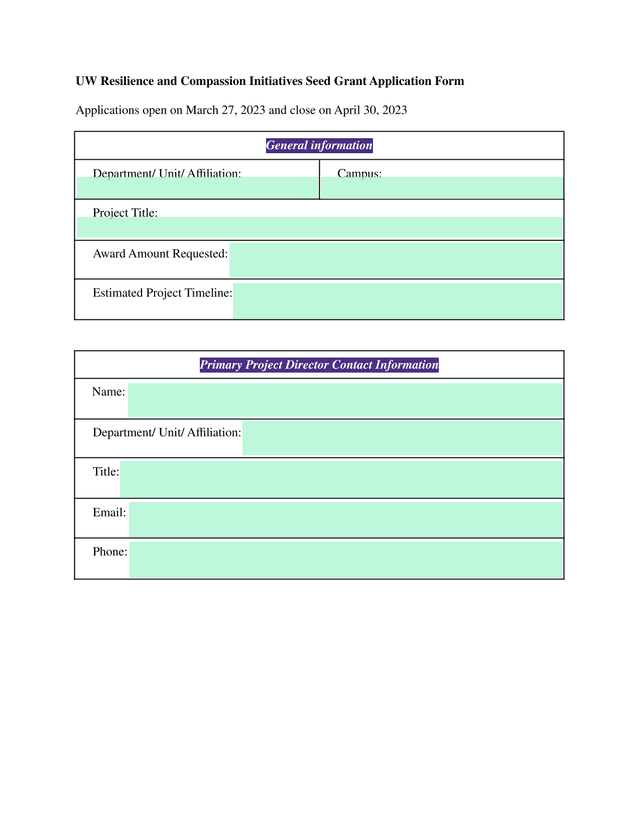 UW Resilience And Compassion Initiatives Seed Grant Application Form screenshot