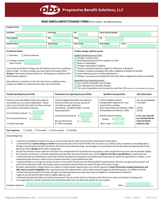 NEW ENROLLMENTCHANGE FORM screenshot