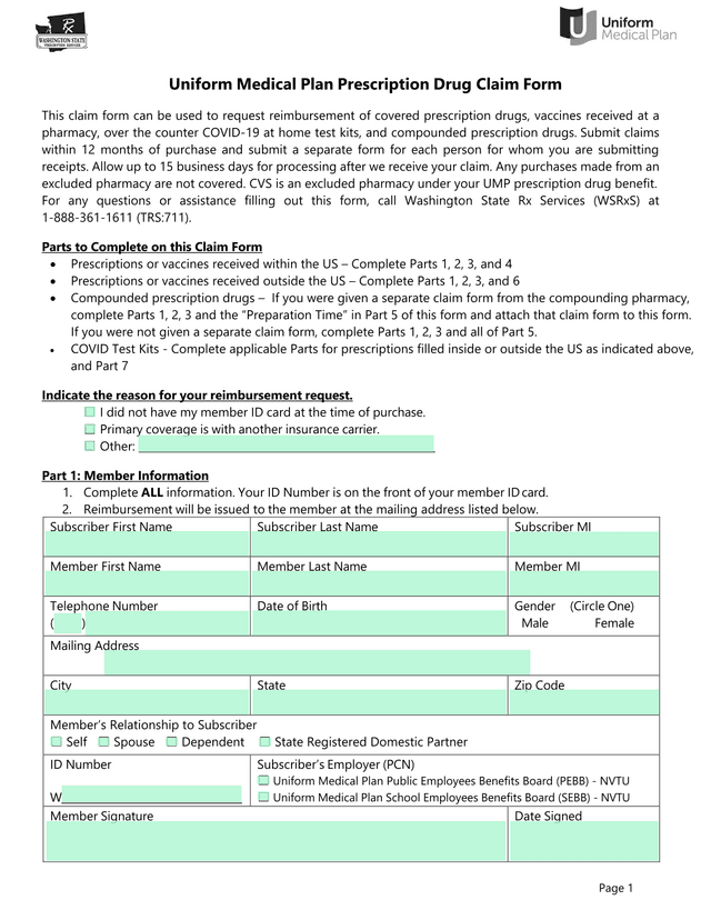 Uniform Medical Plan Prescription Drug Claim Form screenshot