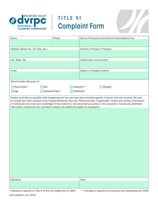 Title VI Complaint Form screenshot