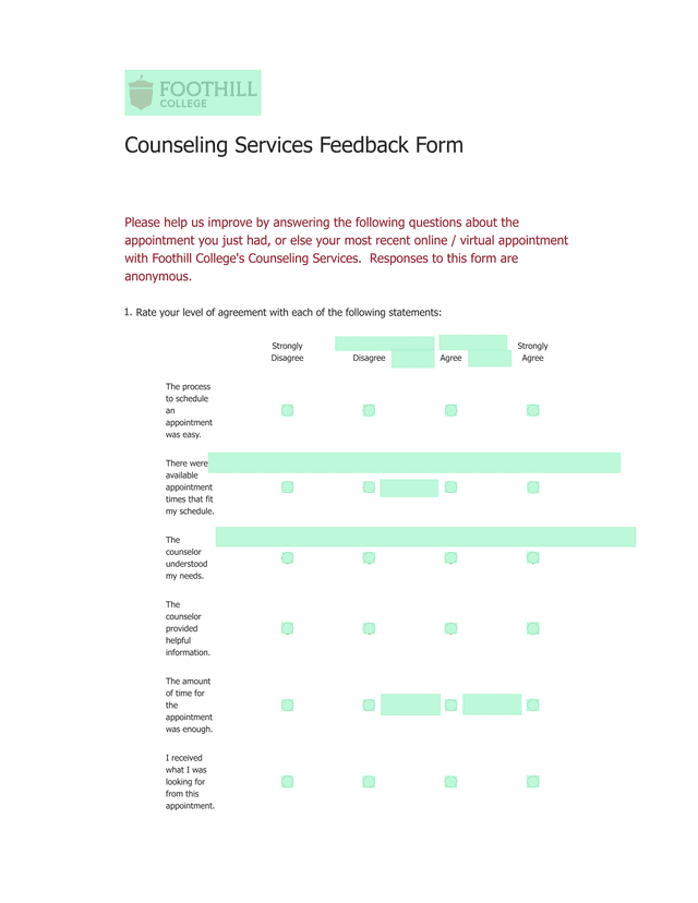 Counseling Services Feedback Form screenshot